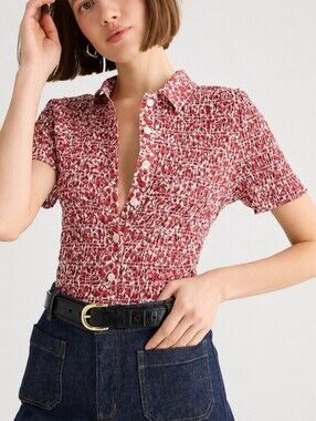 NEW J Crew Liberty Fabric Smocked Button Up Blouse Eliza's Red Floral Medium